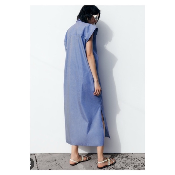 ZARA Blue Stripe Button Front Maxi Shirt Dress XS Oversized NWT - Picture 7 of 14